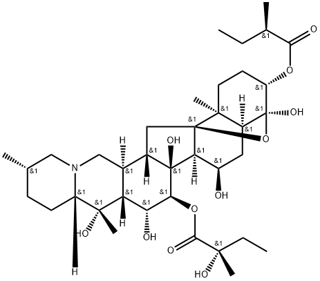 4α,9-Epoxycevane-3β,4β,7α,14,15α,16β,20-heptol 3-[(R)-2-methylbutanoate]15-[(S)-2-hydroxy-2-methylbutanoate] Struktur