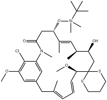 Spiro[2-azabicyclo[16.3.1]docosa-1(22),6,13,15,18,20-hexaene-11,2'-[1,3]dithian]-3-one, 21-chloro-5-[[(1,1-dimethylethyl)dimethylsilyl]oxy]-9-hydroxy-12,20-dimethoxy-2,6,8,16-tetramethyl-, [5S-(5R*,6E,8R*,9R*,12S*,13E,15E)]- (9CI) Struktur