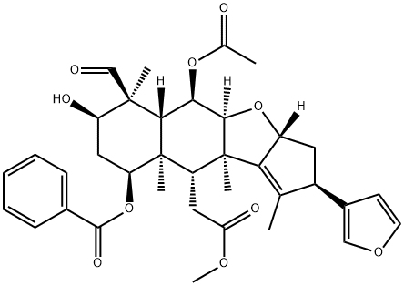 2H-Cyclopenta[b]naphtho[2,3-d]furan-10-acetic acid, 5-(acetyloxy)-9-(benzoyloxy)-6-formyl-2-(3-furanyl)-3,3a,4a,5,5a,6,7,8,9,9a,10,10a-dodecahydro-7-hydroxy-1,6,9a,10a-tetramethyl-, methyl ester, (2R,3aR,4aS,5R,5aR,6S,7R,9S,9aR,10R,10aR)- Struktur