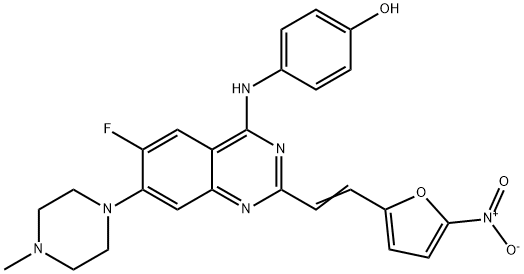 4-({6-Fluoro-7-(4-methyl-1-piperazinyl)-2-[2-(5-nitro-2-furyl)vinyl]-4-quinazolinyl}amino)phenol Struktur