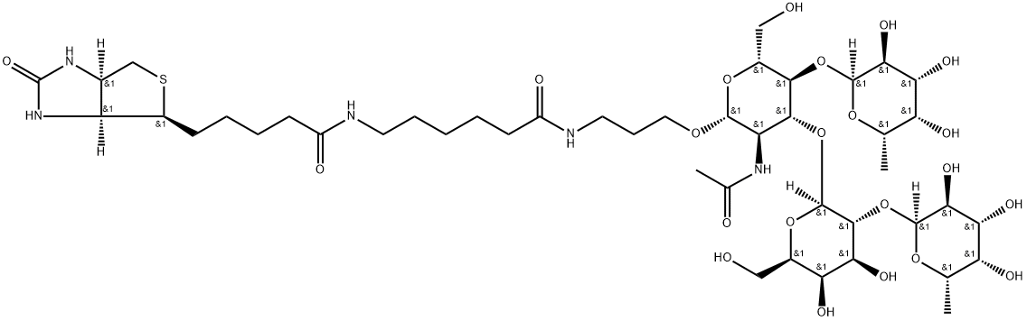 (3aS,4S,6aR)-N-[6-[[3-[[O-6-Deoxy-alpha-L-galactopyranosyl-(1-2)-O-beta-D-galactopyranosyl-(1-3)-O-[6-deoxy-alpha-L-galactopyranosyl-(1-4)]-2-(acetylamino)-2-deoxy-beta-D-glucopyranosyl]oxy]propyl]amino]-6-oxohexyl]hexahydro-2-oxo-1H-thieno[3,4-d]imidazole-4-pentanamide Struktur