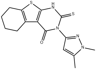 3-(1,5-dimethylpyrazol-3-yl)-2-sulfanylidene-5,6,7,8-tetrahydro-1H-[1]benzothiolo[2,3-d]pyrimidin-4-one Struktur