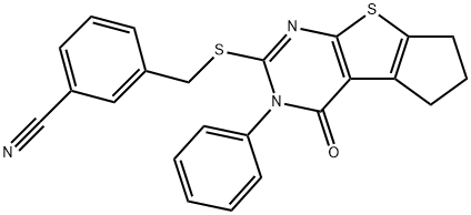 3-[(1-oxo-2-phenyl-7,8-dihydro-6H-cyclopenta[2,3]thieno[2,4-b]pyrimidin-3-yl)sulfanylmethyl]benzonitrile Struktur