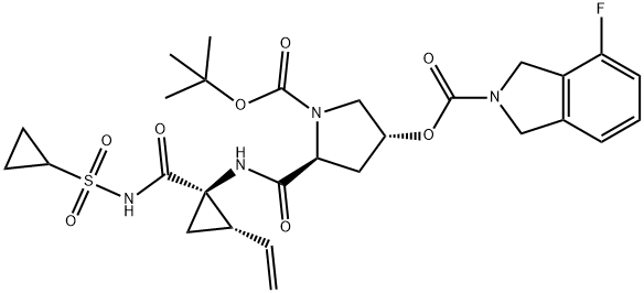 2H-Isoindole-2-carboxylic acid, 4-fluoro-1,3-dihydro-, (3R,5S)-5-[[[(1R,2S)-1-[[(cyclopropylsulfonyl)amino]carbonyl]-2-ethenylcyclopropyl]amino]carbonyl]-1-[(1,1-dimethylethoxy)carbonyl]-3-pyrrolidinyl ester Struktur