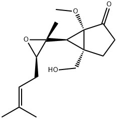 Bicyclo[3.1.0]hexan-2-one, 5-(hydroxymethyl)-1-methoxy-6-[(2R,3R)-2-methyl-3-(3-methyl-2-buten-1-yl)-2-oxiranyl]-, (1S,5S,6S)- Struktur