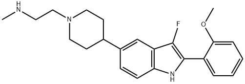 (2-{4-[3-Fluoro-2-(2-methoxy-phenyl)-1H-indol-5-yl]-piperidin-1-yl}-ethyl)-methyl-amine Struktur