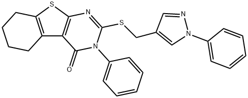 3-phenyl-2-[(1-phenylpyrazol-4-yl)methylsulfanyl]-5,6,7,8-tetrahydro-[1]benzothiolo[2,3-d]pyrimidin-4-one Struktur