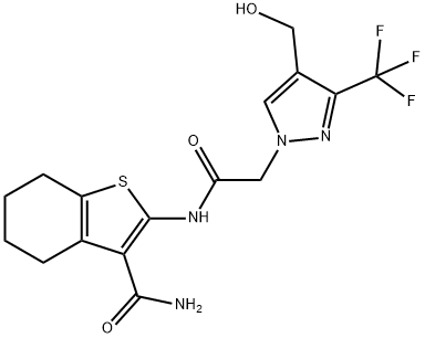 1H-Pyrazole-1-acetamide, N-[3-(aminocarbonyl)-4,5,6,7-tetrahydrobenzo[b]thien-2-yl]-4-(hydroxymethyl)-3-(trifluoromethyl)- Struktur