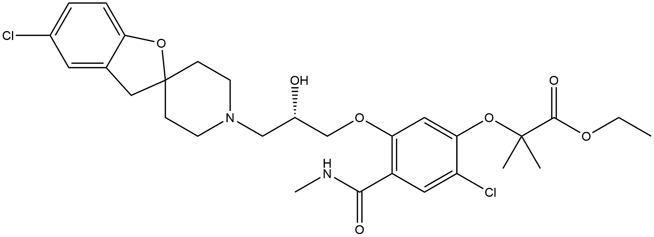 Propanoic acid, 2-[2-chloro-5-[(2S)-3-(5-chlorospiro[benzofuran-2(3H),4'-piperidin]-1'-yl)-2-hydroxypropoxy]-4-[(methylamino)carbonyl]phenoxy]-2-methyl-, ethyl ester Struktur