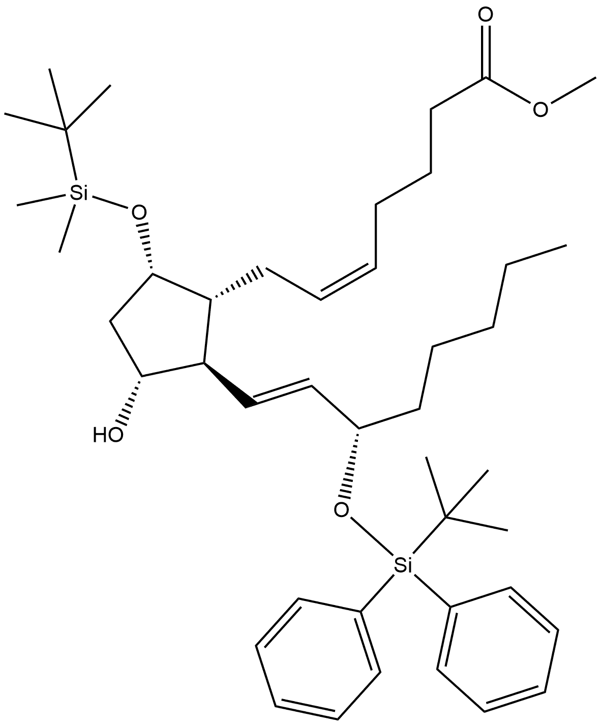 Prosta-5,13-dien-1-oic acid, 9-[[(1,1-dimethylethyl)dimethylsilyl]oxy]-15-[[(1,1-dimethylethyl)diphenylsilyl]oxy]-11-hydroxy-, methyl ester, (5Z,9α,11α,13E,15S)- (9CI) Struktur