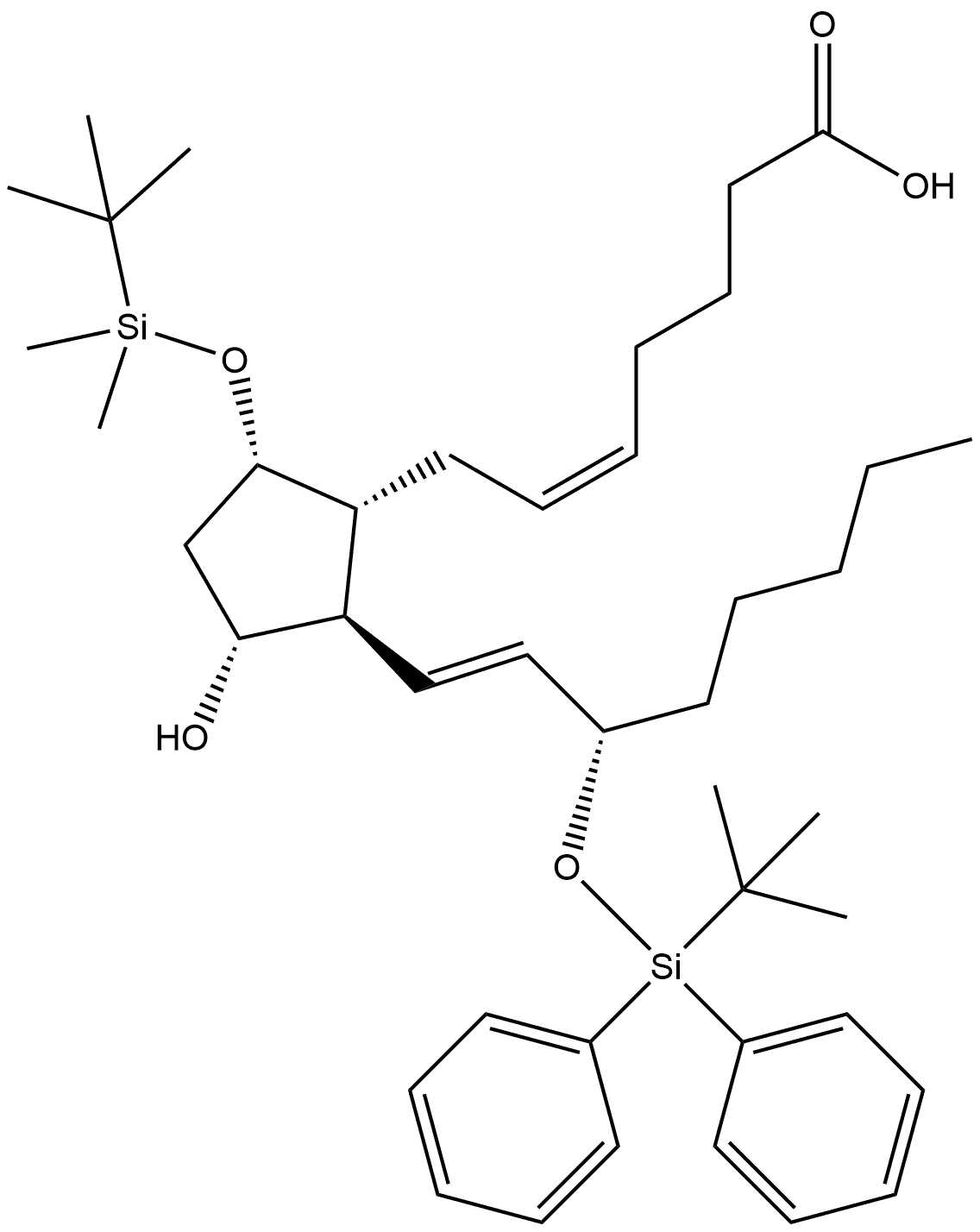 Prosta-5,13-dien-1-oic acid, 9-[[(1,1-dimethylethyl)dimethylsilyl]oxy]-15-[[(1,1-dimethylethyl)diphenylsilyl]oxy]-11-hydroxy-, (5Z,9α,11α,13E,15S)- (9CI) Struktur