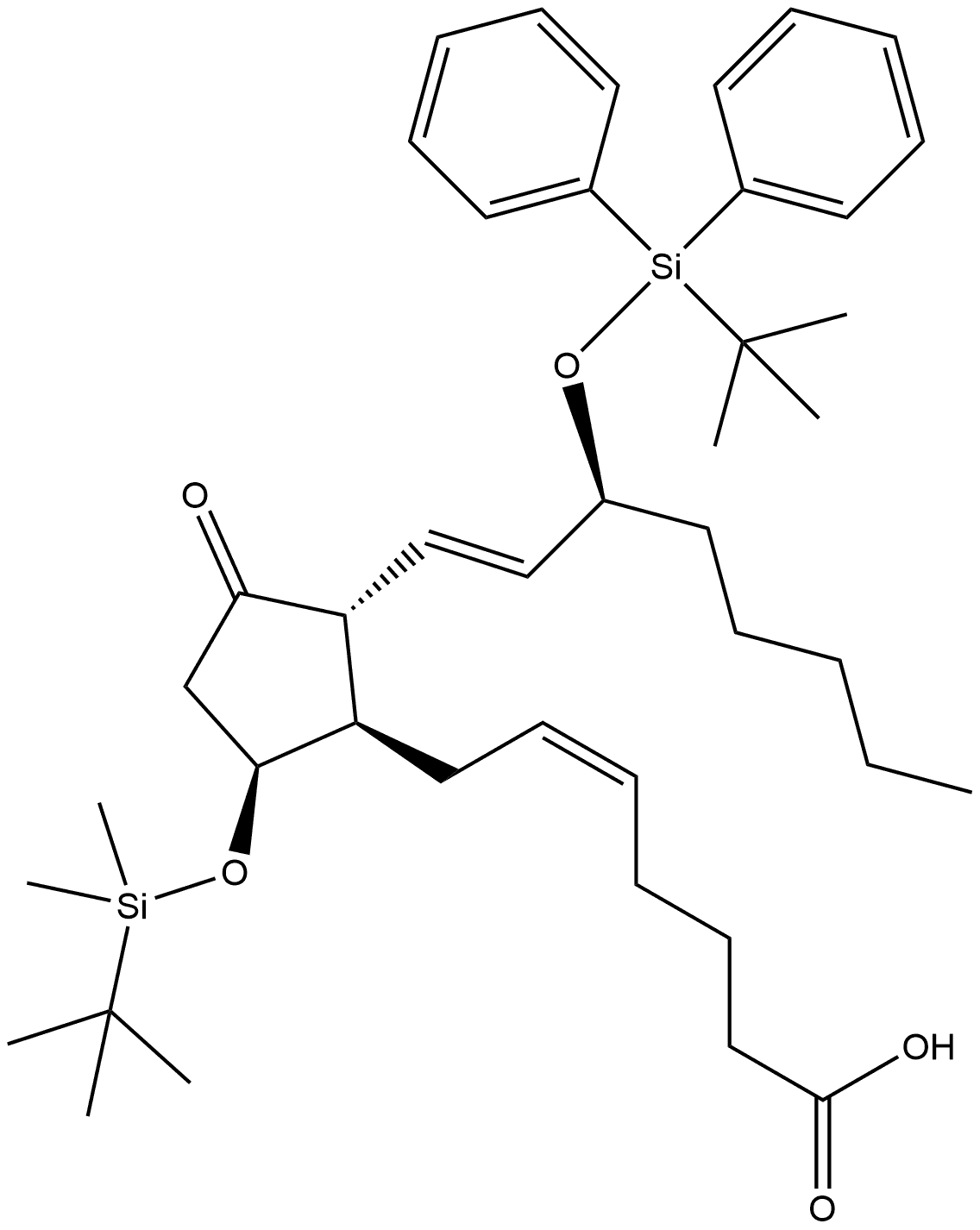 Prosta-5,13-dien-1-oic acid, 9-[[(1,1-dimethylethyl)dimethylsilyl]oxy]-15-[[(1,1-dimethylethyl)diphenylsilyl]oxy]-11-oxo-, (5Z,9α,13E,15S)- (9CI) Struktur