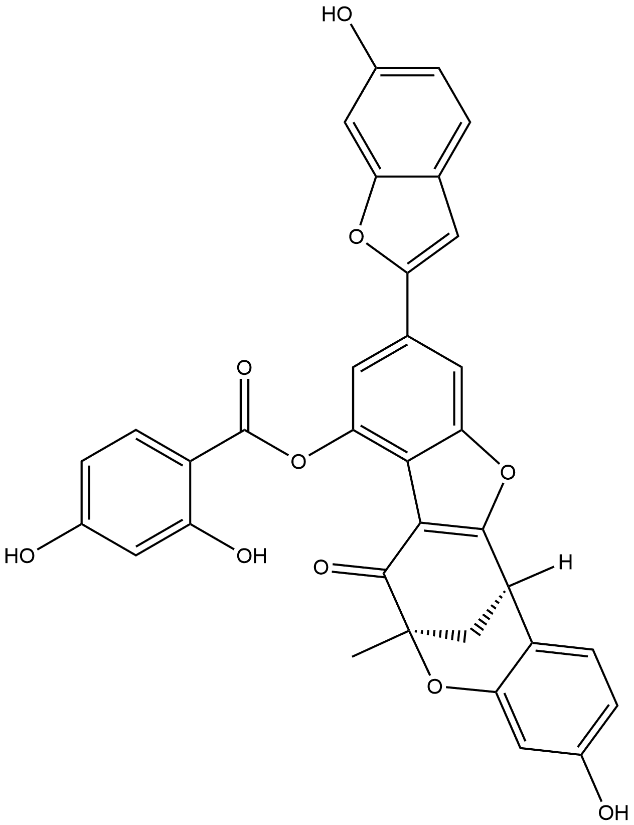 Benzoic acid, 2,4-dihydroxy-, (6R,13R)-7,13-dihydro-3-hydroxy-10-(6-hydroxy-2-benzofuranyl)-6-methyl-7-oxo-6,13-methano-6H-benzofuro[3,2-d][1]benzoxocin-8-yl ester, rel-(+)- Struktur