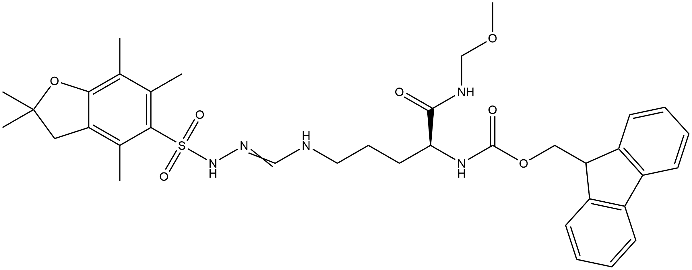 Carbamic acid, N-[(1S)-4-[[[[(2,3-dihydro-2,2,4,6,7-pentamethyl-5-benzofuranyl)sulfonyl]amino]iminomethyl]amino]-1-[(methoxymethylamino)carbonyl]butyl]-, 9H-fluoren-9-ylmethyl ester Struktur