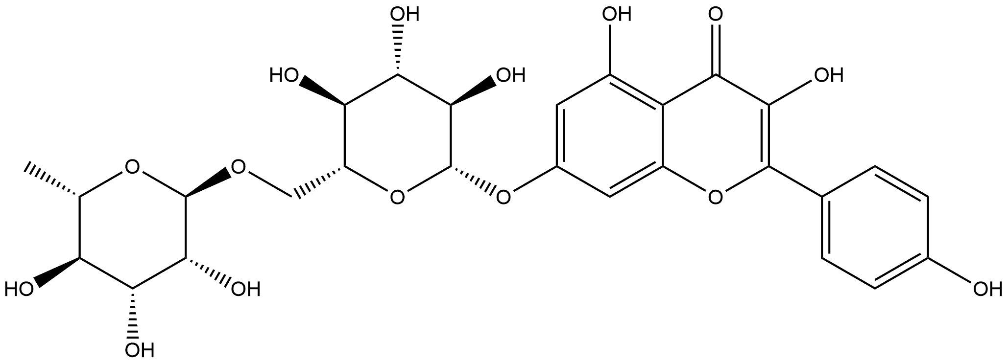 4H-1-Benzopyran-4-one, 7-[[6-O-(6-deoxy-α-L-mannopyranosyl)-β-D-glucopyranosyl]oxy]-3,5-dihydroxy-2-(4-hydroxyphenyl)- Struktur