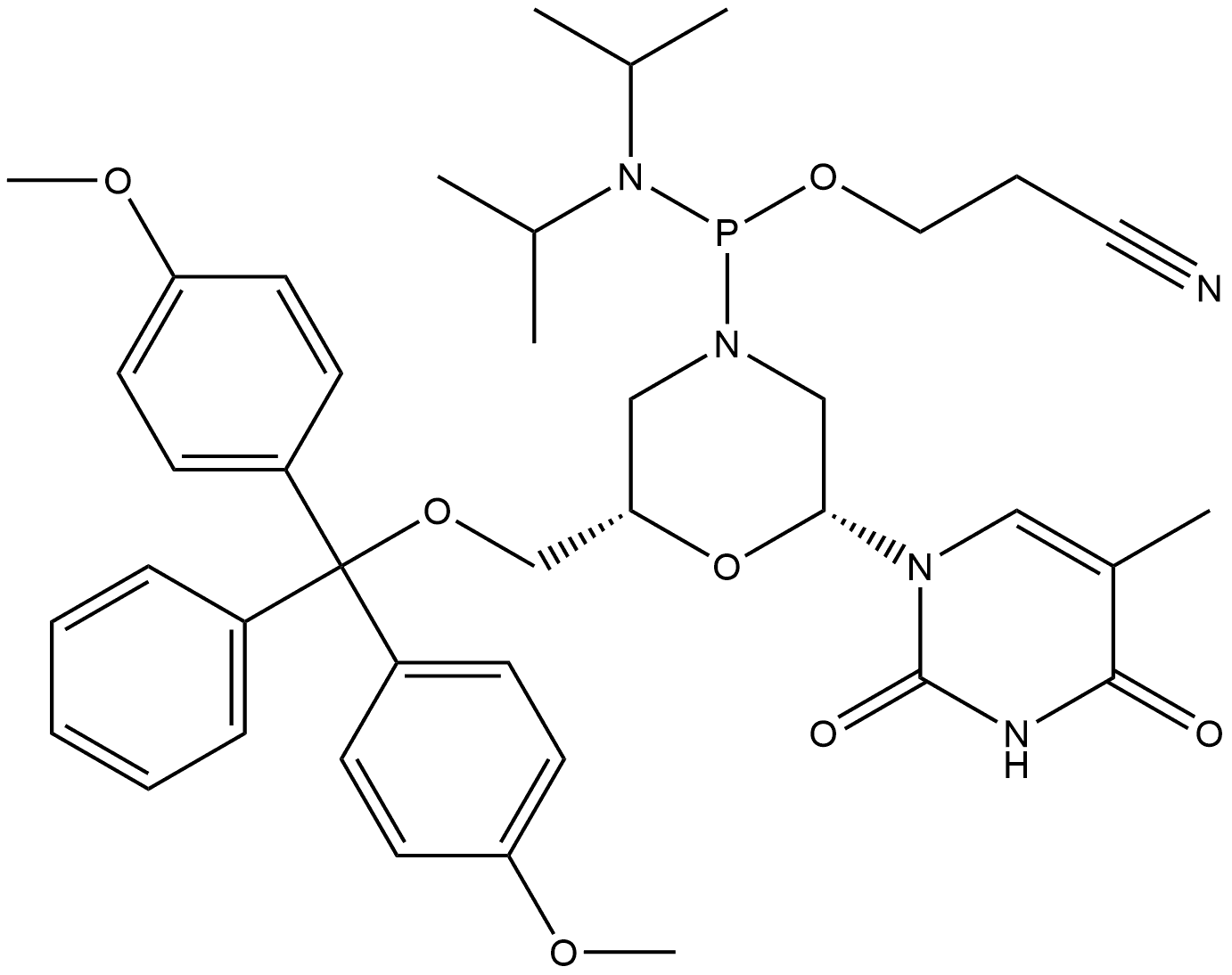 Phosphonamidous acid, P-[(2S,6R)-2-[[bis(4-methoxyphenyl)phenylmethoxy]methyl]-6-(3,4-dihydro-5-methyl-2,4-dioxo-1(2H)-pyrimidinyl)-4-morpholinyl]-N,N-bis(1-methylethyl)-, 2-cyanoethyl ester Structure