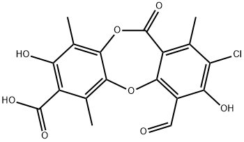 11H-Dibenzo[b,e][1,4]dioxepin-7-carboxylic acid, 2-chloro-4-formyl-3,8-dihydroxy-1,6,9-trimethyl-11-oxo- Struktur