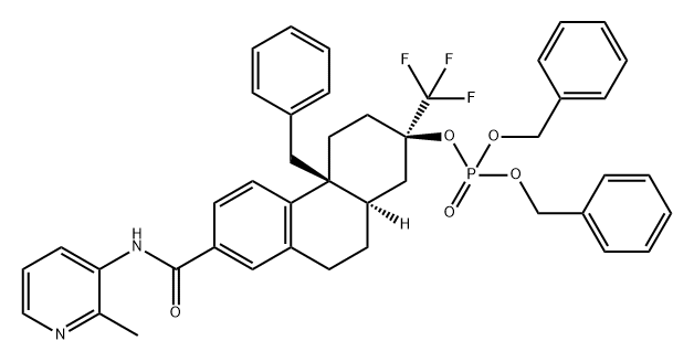 Phosphoric acid, (2R,4aS,10aR)-1,2,3,4,4a,9,10,10a-octahydro-7-[[(2-methyl-3-pyridinyl)amino]carbonyl]-4a-(phenylmethyl)-2-(trifluoromethyl)-2-phenanthrenyl bis(phenylmethyl) ester Struktur