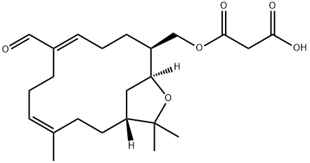 Propanedioic acid, mono[(8-formyl-4,15,15-trimethyl-14-oxabicyclo[11.2.1]hexadeca-4,8-dien-12-yl)methyl] ester, [1R-(1R*,4Z,8E,12S*,13S*)]- (9CI) Struktur