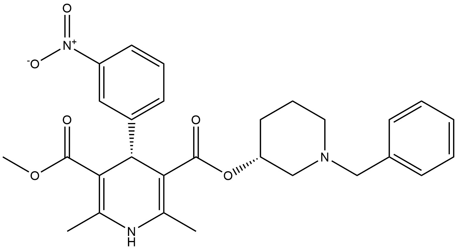 3,5-Pyridinedicarboxylic acid, 1,4-dihydro-2,6-dimethyl-4-(3-nitrophenyl)-, 3-methyl 5-[(3R)-1-(phenylmethyl)-3-piperidinyl] ester, (4S)-rel- Struktur