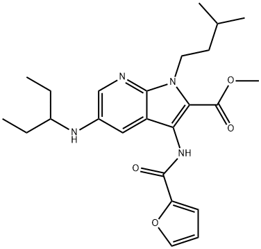 1H-Pyrrolo[2,3-b]pyridine-2-carboxylic acid, 5-[(1-ethylpropyl)amino]-3-[(2-furanylcarbonyl)amino]-1-(3-methylbutyl)-, methyl ester Struktur