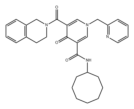 3-Pyridinecarboxamide, N-cyclooctyl-5-[(3,4-dihydro-2(1H)-isoquinolinyl)carbonyl]-1,4-dihydro-4-oxo-1-(2-pyridinylmethyl)- Struktur