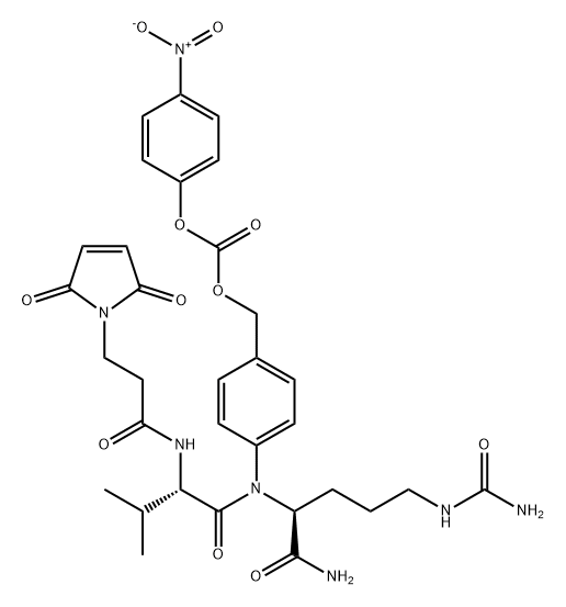 L-Ornithinamide, N-[3-(2,5-dihydro-2,5-dioxo-1H-pyrrol-1-yl)-1-oxopropyl]-L-valyl-N5-(aminocarbonyl)-N-[4-[[[(4-nitrophenoxy)carbonyl]oxy]methyl]phenyl]- Struktur