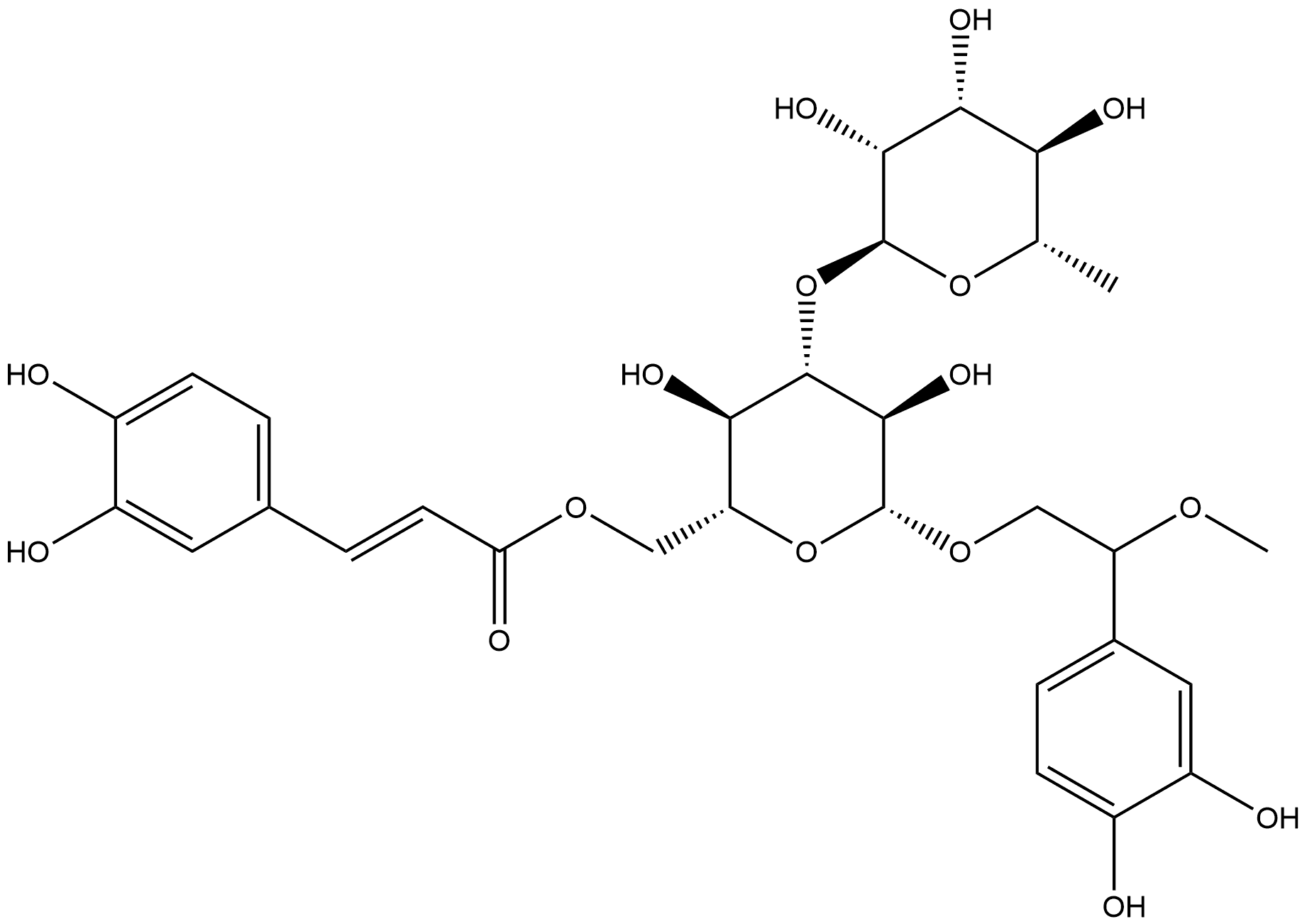 β-D-Glucopyranoside, 2-(3,4-dihydroxyphenyl)-2-methoxyethyl 3-O-(6-deoxy-α-L-mannopyranosyl)-, 6-[(2E)-3-(3,4-dihydroxyphenyl)-2-propenoate] Struktur