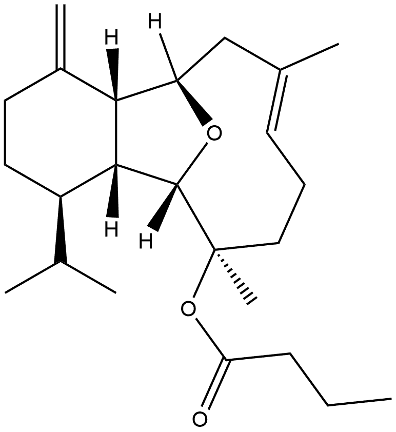 Butanoic acid, (4R,4aR,5S,6R,9E,12S,12aR)-1,2,3,4,4a,5,6,7,8,11,12,12a-dodecahydro-6,10-dimethyl-1-methylene-4-(1-methylethyl)-5,12-epoxybenzocyclodecen-6-yl ester, rel-(-)- (9CI) Struktur