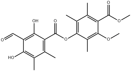 Benzoic acid, 3-formyl-2,4-dihydroxy-5,6-dimethyl-, 3-methoxy-4-(methoxycarbonyl)-2,5,6-trimethylphenyl ester Struktur