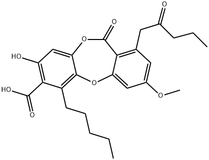 11H-Dibenzo[b,e][1,4]dioxepin-7-carboxylic acid, 8-hydroxy-3-methoxy-11-oxo-1-(2-oxopentyl)-6-pentyl- Struktur