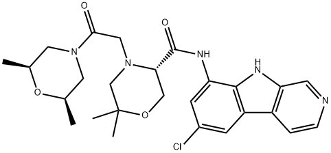 3-Morpholinecarboxamide, N-(6-chloro-9H-pyrido[3,4-b]indol-8-yl)-4-[2-[(2R,6S)-2,6-dimethyl-4-morpholinyl]-2-oxoethyl]-6,6-dimethyl-, (3S)- Struktur