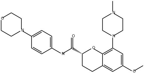 2H-1-Benzopyran-2-carboxamide, 3,4-dihydro-6-methoxy-8-(4-methyl-1-piperazinyl)-N-[4-(4-morpholinyl)phenyl]-, (2R)- Struktur