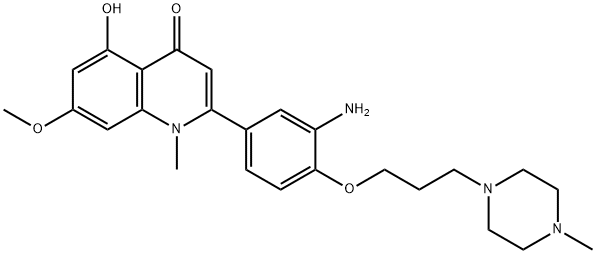 4(1H)-Quinolinone, 2-[3-amino-4-[3-(4-methyl-1-piperazinyl)propoxy]phenyl]-5-hydroxy-7-methoxy-1-methyl- Struktur