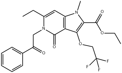 1H-Pyrrolo[3,2-c]pyridine-2-carboxylic acid, 6-ethyl-4,5-dihydro-1-methyl-4-oxo-5-(2-oxo-2-phenylethyl)-3-(2,2,2-trifluoroethoxy)-, ethyl ester Struktur