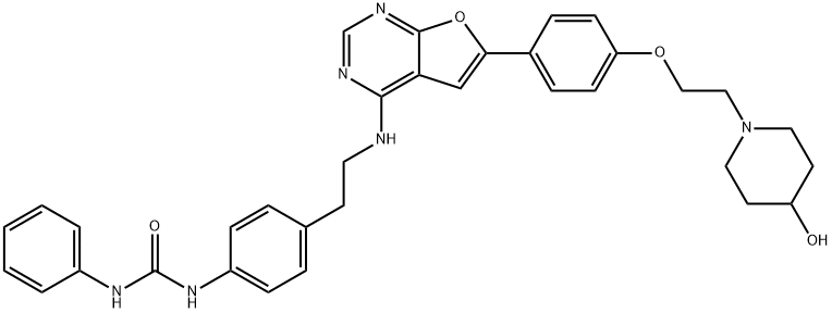 Urea, N-[4-[2-[[6-[4-[2-(4-hydroxy-1-piperidinyl)ethoxy]phenyl]furo[2,3-d]pyrimidin-4-yl]amino]ethyl]phenyl]-N'-phenyl- Struktur