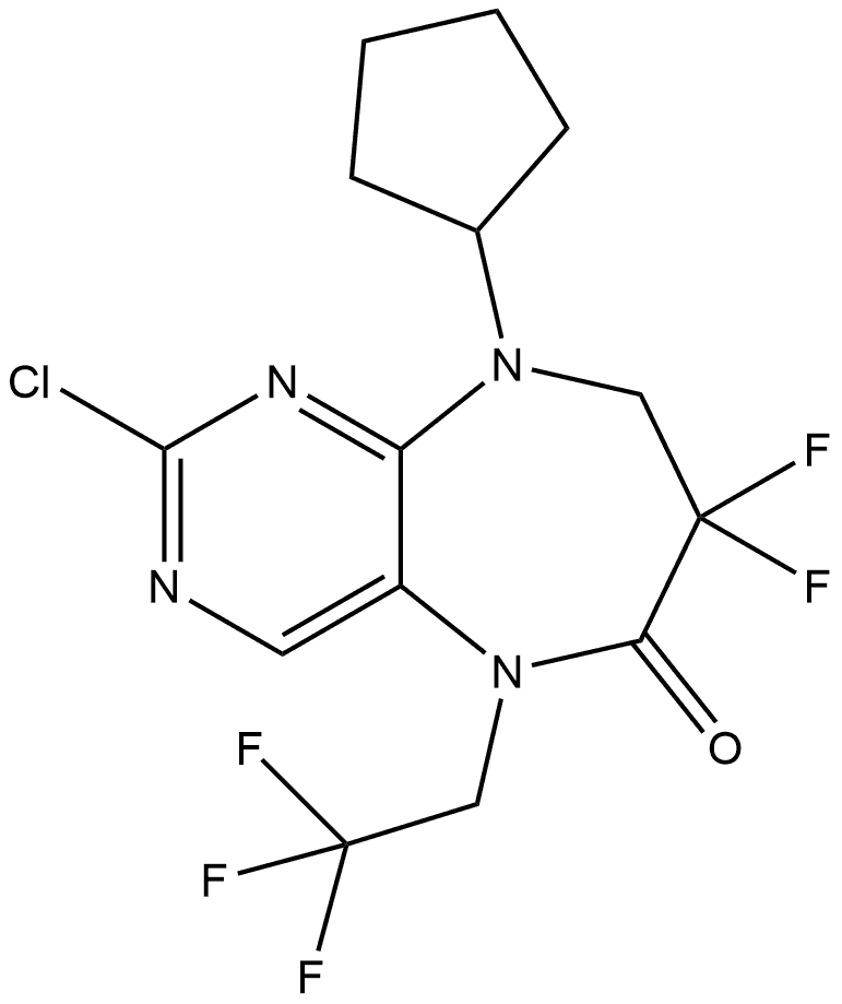 2-chloro-9-cyclopentyl-7,7-difluoro-5-(2,2,2-trifluoroethyl)-5,7,8,9-tetrahydro-6H-pyrimido[4,5-b][1,4]diazepin-6-one Struktur