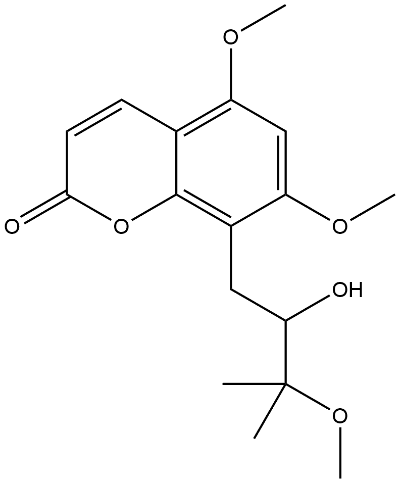 2H-1-Benzopyran-2-one, 8-(2-hydroxy-3-methoxy-3-methylbutyl)-5,7-dimethoxy-, (-)- Struktur