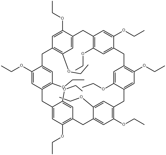 Heptacyclo[26.2.2.23,6.28,11.213,16.218,21.223,26]dotetraconta-3,5,8,10,13,15,18,20,23,25,28,30,31,33,35,37,39,41-octadecaene, 4,9,14,19,24,29,31,33,35,37,39,41-dodecaethoxy- Struktur