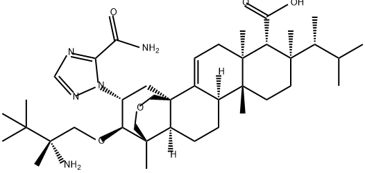 4H-1,4a-Propano-2H-phenanthro[1,2-c]pyran-7-carboxylic acid, 14-[5-(aminocarbonyl)-1H-1,2,4-triazol-1-yl]-15-[(2R)-2-amino-2,3,3-trimethylbutoxy]-8-[(1R)-1,2-dimethylpropyl]-1,6,6a,7,8,9,10,10a,10b,11,12,12a-dodecahydro-1,6a,8,10a-tetramethyl-, (1S,4aR,6aS,7R,8R,10aR,10bR,12aR,14R,15R)- Struktur