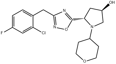 3-Pyrrolidinol, 5-[3-[(2-chloro-4-fluorophenyl)methyl]-1,2,4-oxadiazol-5-yl]-1-(tetrahydro-2H-pyran-4-yl)-, (3R,5S)- Struktur