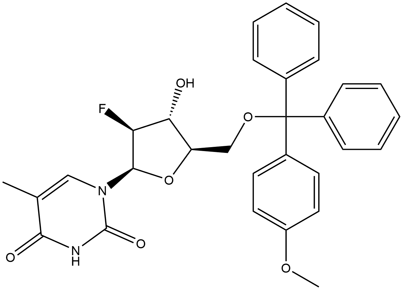 2,4(1H,3H)-Pyrimidinedione, 1-[2-deoxy-2-fluoro-5-O-[(4-methoxyphenyl)diphenylmethyl]-β-D-arabinofuranosyl]-5-methyl- Struktur