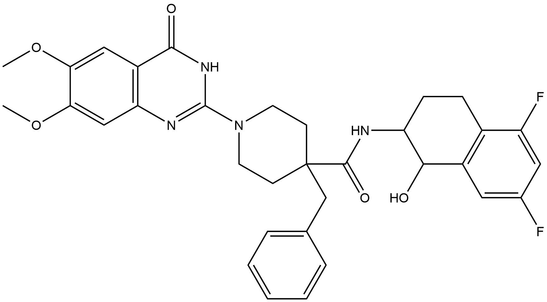 4-benzyl-N-(5,7-difluoro-1-hydroxy-1,2,3,4-tetrahydronaphthalen-2-yl)-1-(6,7-dimethoxy-4-oxo-3,4-dihydroquinazolin-2-yl)piperidine-4-carboxamide Struktur