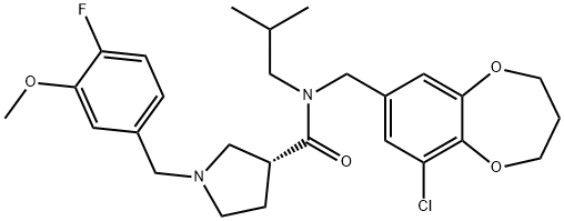 3-Pyrrolidinecarboxamide, N-[(9-chloro-3,4-dihydro-2H-1,5-benzodioxepin-7-yl)methyl]-1-[(4-fluoro-3-methoxyphenyl)methyl]-N-(2-methylpropyl)-, (3R)- Struktur