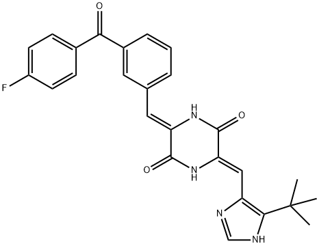 2,5-Piperazinedione, 3-[[5-(1,1-dimethylethyl)-1H-imidazol-4-yl]methylene]-6-[[3-(4-fluorobenzoyl)phenyl]methylene]-, (3Z,6Z)- Struktur