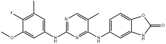 2(3H)-Benzoxazolone, 5-[[2-[(4-fluoro-3-methoxy-5-methylphenyl)amino]-5-methyl-4-pyrimidinyl]amino]- Struktur