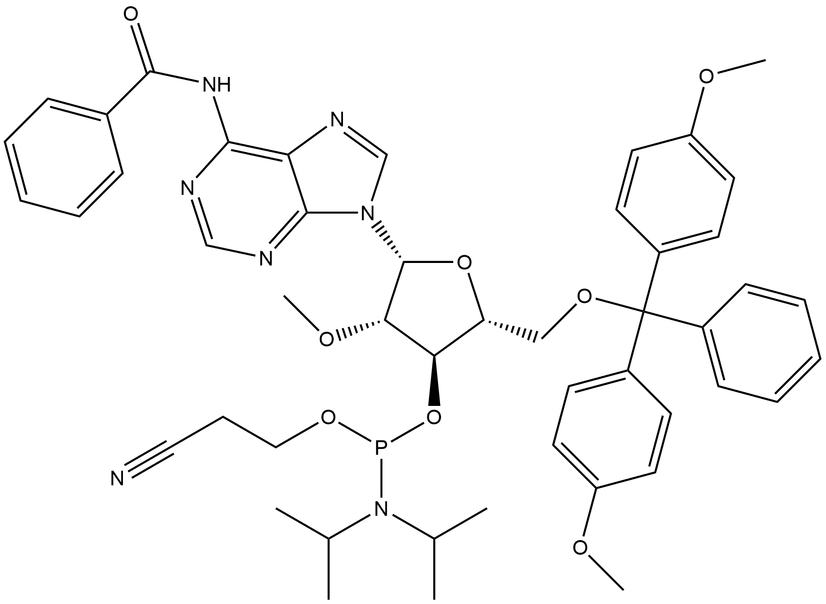 Benzamide, N-[9-[5-O-[bis(4-methoxyphenyl)phenylmethyl]-3-O-[[bis(1-methylethyl)amino](2-cyanoethoxy)phosphino]-2-O-methyl-β-D-arabinofuranosyl]-9H-purin-6-yl]- Struktur