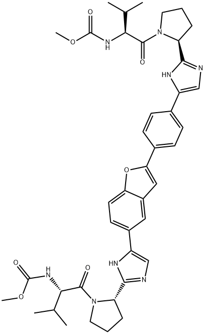 Carbamic acid, N-[(1S)-1-[[(2S)-2-[5-[4-[5-[2-[(2S)-1-[(2S)-2-[(methoxycarbonyl)amino]-3-methyl-1-oxobutyl]-2-pyrrolidinyl]-1H-imidazol-5-yl]-2-benzofuranyl]phenyl]-1H-imidazol-2-yl]-1-pyrrolidinyl]carbonyl]-2-methylpropyl]-, methyl ester Struktur