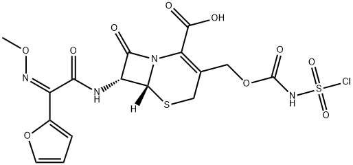 5-Thia-1-azabicyclo[4.2.0]oct-2-ene-2-carboxylic acid, 3-[[[[(chlorosulfonyl)amino]carbonyl]oxy]methyl]-7-[[(2Z)-2-(2-furanyl)-2-(methoxyimino)acetyl]amino]-8-oxo-, (6R,7R)- Struktur