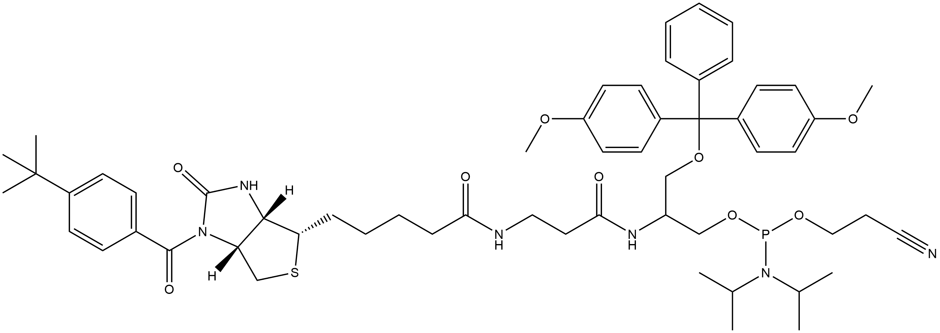 3-Dimethoxytrityloxy-2-(3-((4-t-butylbenzoyl)-biotinyl)propanamido)propyl-1-O-(2-cyanoethyl)-(N,N-diisopropyl)-phosphoramidite Struktur